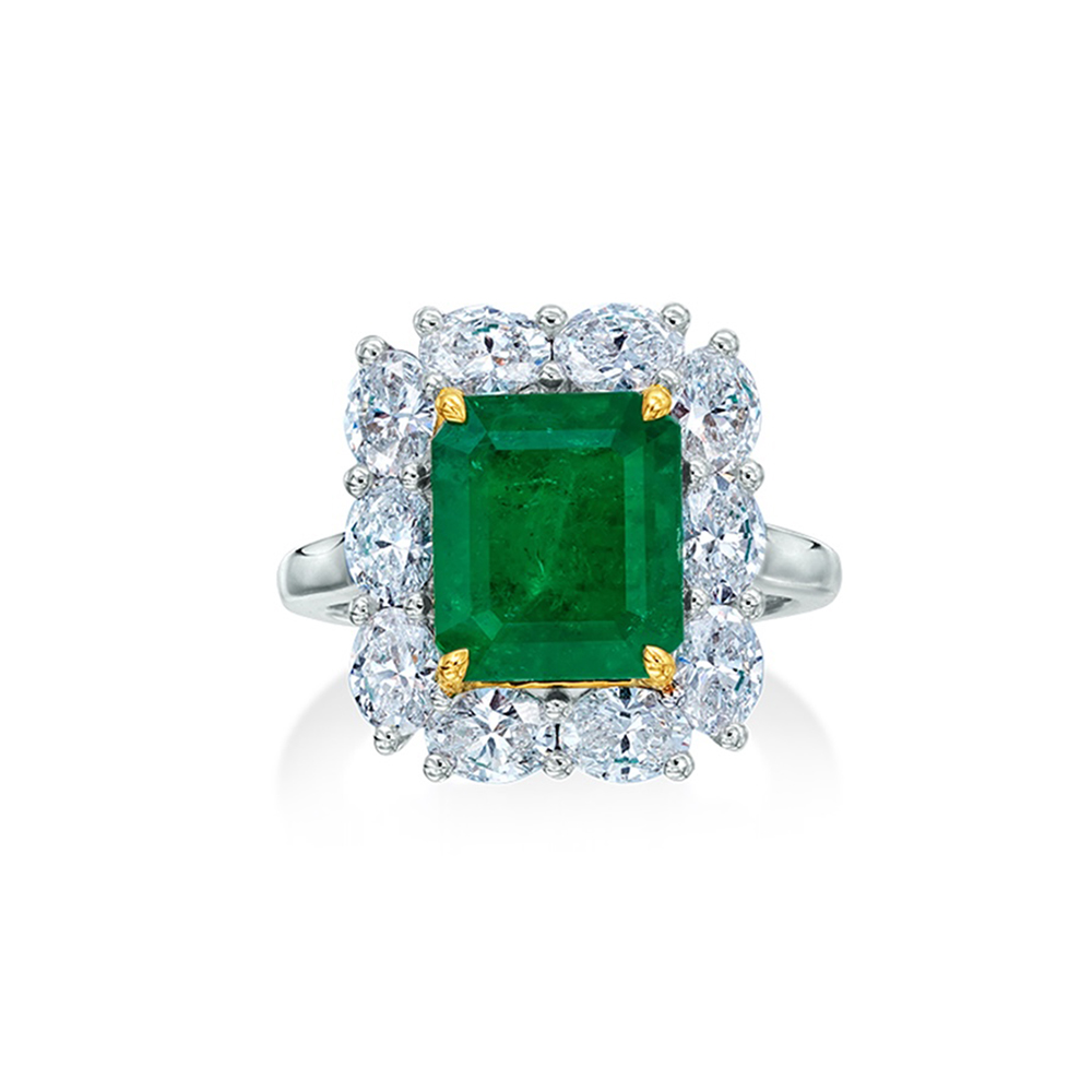 Emerald-Cut Emerald and Oval Diamond Halo Ring